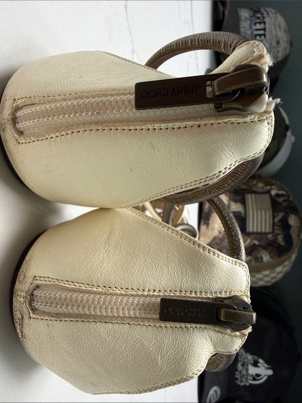 Jimmy Choo Ivory and Bronze Pyramid-Accent T-Strap Sandals - Picture 3 of 3